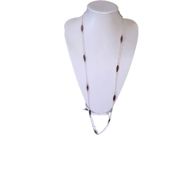 Silver-Tone Amethyst Color Purple Glass Marquise Cut Bezel Set Necklace 40" - Picture 6 of 6